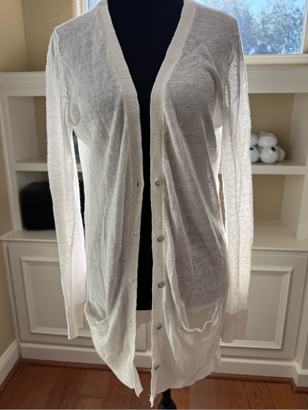 LINEN Lightweight Loft White M Women's Button Longline Cardigan Sweater Layer
